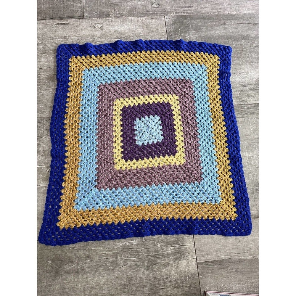 Vintage GRANNY AFGHAN Handmade Crochet Square‎ Blanket Throw 44X42 Multicolor